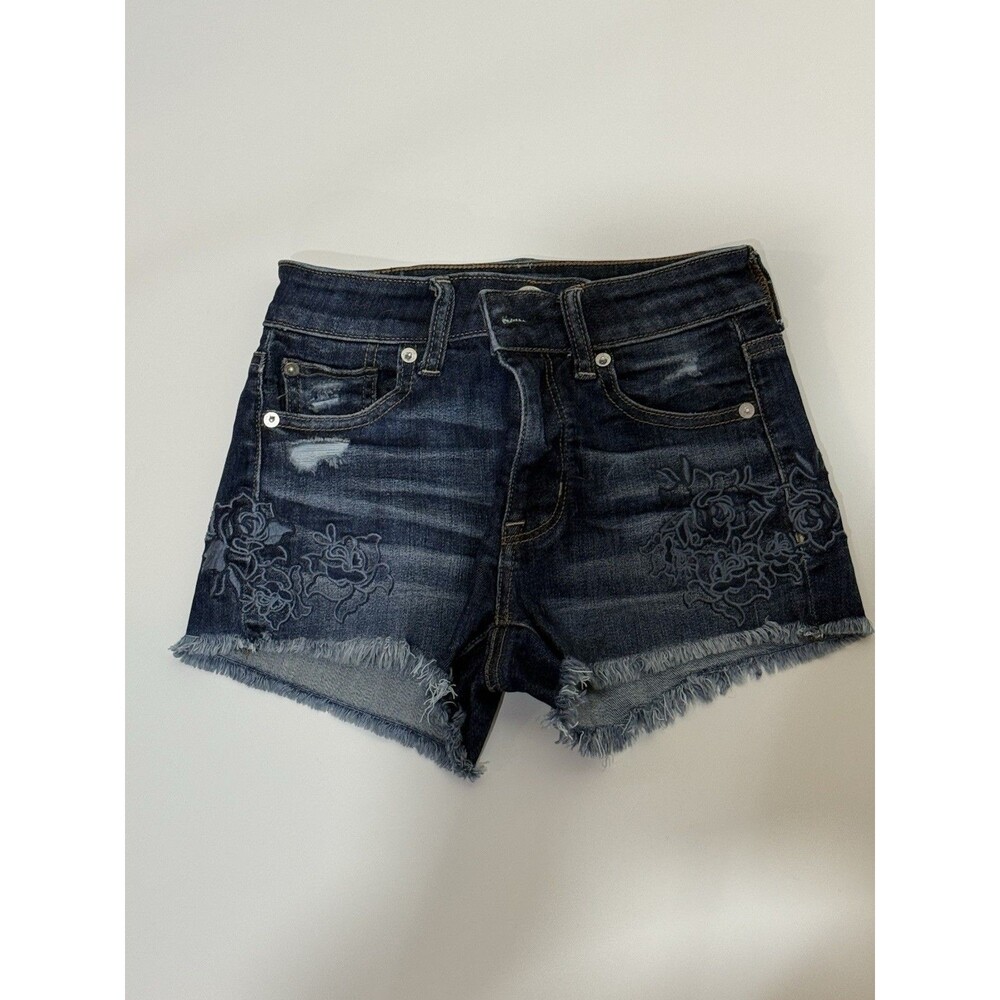 American Eagle Denim Shortie Shorts – Size 0 – Washed Blue with Floral Detail